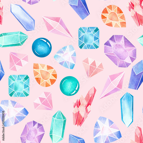   seamless watercolor illustration  gem and diamond  used for background texture, wrapping paper, textile greeting card template or wallpaper design