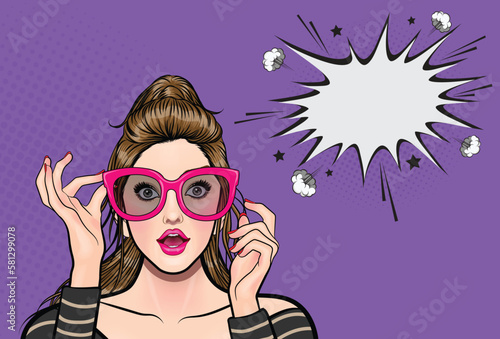 Surprised Sexy Girl with Open Mouth in Sunglasses in Cartoon Style Amazing Woman Saying Wow Pop Art Girl Shocked Face
