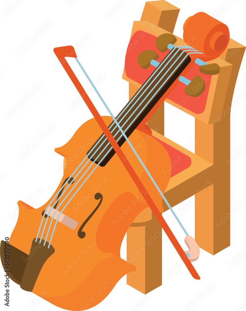 Naklejka premium Violine icon isometric vector. Bowed musical instrument near wooden chair icon. Music and art concept