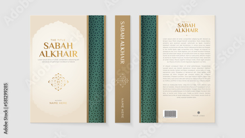 Islamic Arabic Style White and Golden Book Cover Template Design with Arabesque Moroccan Pattern 