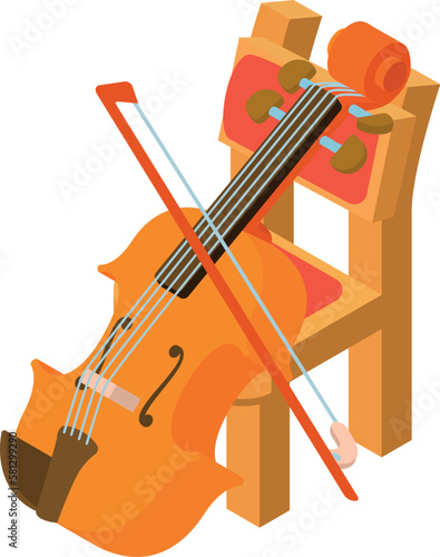 Violine icon isometric vector. Bowed musical instrument near wooden chair icon. Music and art concept