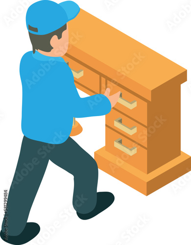 Furniture assembly icon isometric vector. Worker busy assembling office table. New furniture, modern interior