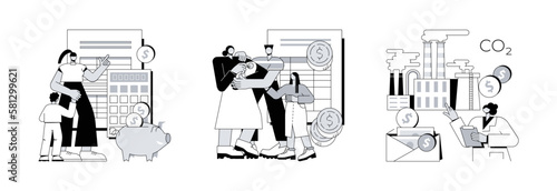 Family support abstract concept vector illustration set. Child care expense deduction, care and carbon tax credits, taxable income, family budget, bank transfer, paycheck abstract metaphor.