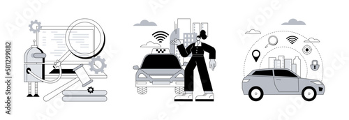 Driverless transport legislation abstract concept vector illustration set. Artificial intelligence regulations, autonomous taxi driving, AI development, future transport system abstract metaphor.