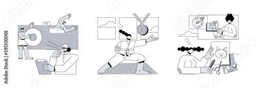 Personal training abstract concept vector illustration set. Swimming and lifesaving classes, self defense, how-to videos, pool instructor, martial arts, interactive online learning abstract metaphor.