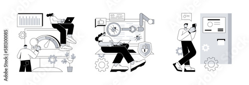 Software implementation abstract concept vector illustration set. Benchmark and automation testing, electronic queuing system, product performance, ticket generator, IT solution abstract metaphor.