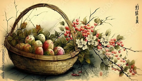 Beautiful Colorful Artistic Designer Easter basket Chinese Brush Painting for Desktop Background or Digital Device  Holiday Celebration of Happiness  Joy  Cheerfulness generative AI