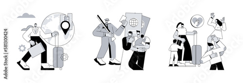 Movement of people abstract concept vector illustration set. Occupational migration, migration policy, integration of migrants, work and travel, border patrols control, passport abstract metaphor.