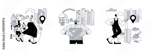 Domestic people movement abstract concept vector illustration set. Internal migration from countryside to town, rural migration, population growth, urbanization, urban area abstract metaphor.