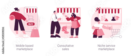 E-commerce application abstract concept vector illustration set. Mobile based marketplace, consultative sales, niche service online retail, buy and sell products with smartphone abstract metaphor.