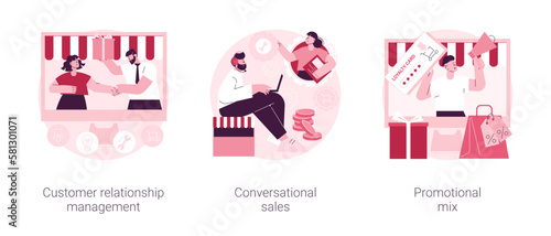 Selling strategy abstract concept vector illustration set. Customer relationship management, conversational sales, promotional mix, CRM lead management, make purchase decision abstract metaphor.