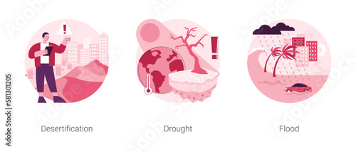 Climate change consequences abstract concept vector illustration set. Desertification and soil contamination, drought, flood and tsunami, tropical cyclone, extreme weather condition abstract metaphor.