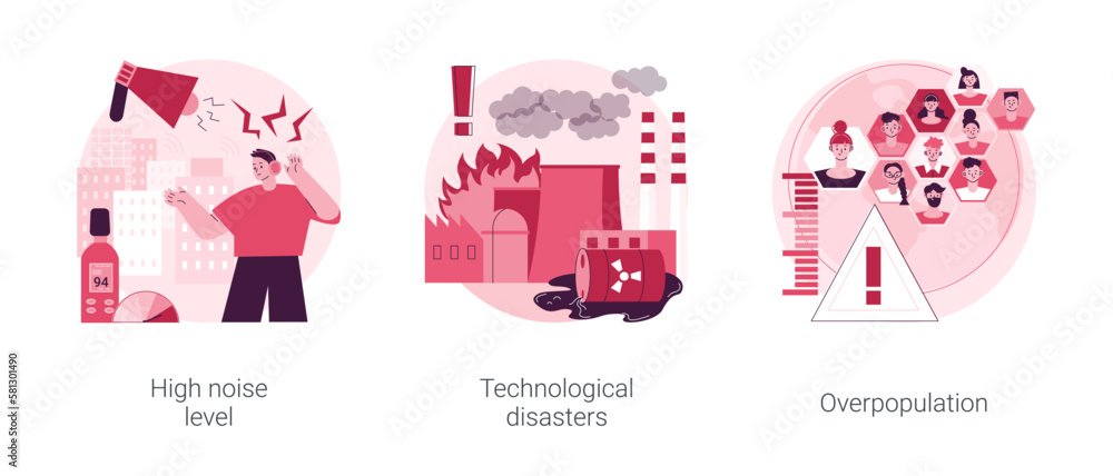 Human factors abstract concept vector illustration set. High noise level, technological disasters, industrial accident, human overpopulation, urban population growth, environment abstract metaphor.