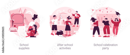 School life abstract concept vector illustration set. Supplies, after school activity, celebration party, classroom equipment, extracurricular activity, graduation party, engagement abstract metaphor.