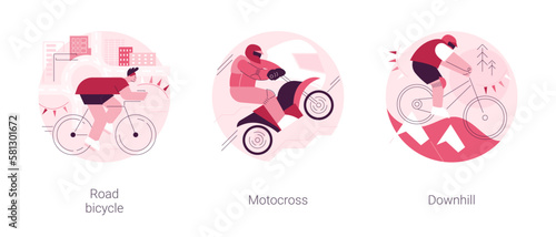 Adventure sport abstract concept vector illustration set. Road bicycle, motocross and downhill, extreme bike, motorbike race, mountain freeride, holiday adventure, cycling travel abstract metaphor.