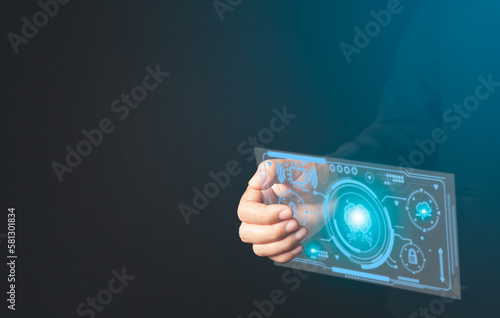Female businesswoman hand holding transparent tablet showing virtual screen connected to robotic automation and ai technology, transforming data and applications.