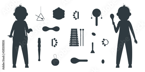 Hand drawn toy musical instruments for kids. Flat vector silhouette illustration