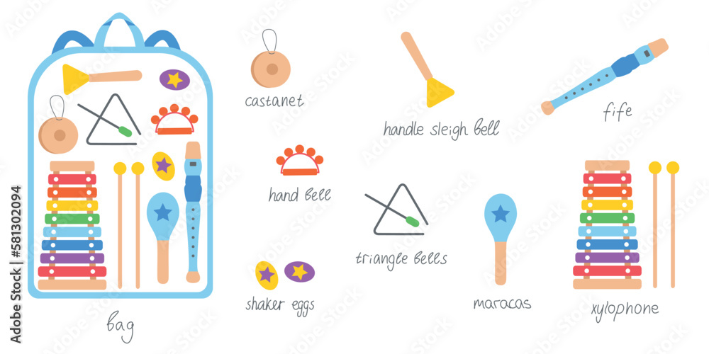 Obraz premium Hand drawn toy musical instruments for kids with backpack. Flat vector illustration