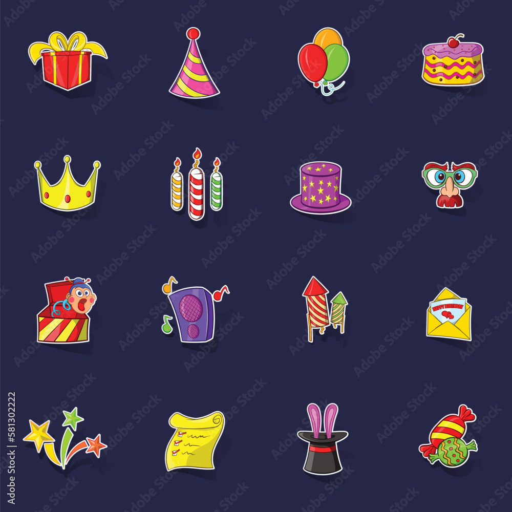 Fototapeta premium Birthday icons set stikers collection vector with shadow on purple background