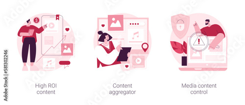 Mass media abstract concept vector illustration set. High ROI content, news aggregator software, media content control and monitoring, digital strategy, social media marketing abstract metaphor.