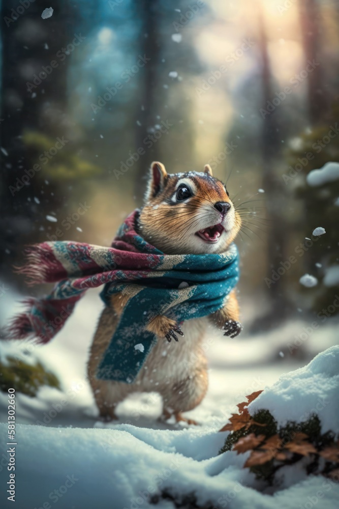 Obraz premium A Beautiful Cheerful Funny Encounter in a Winter Wonderland: A Chipmunk Animal in a Long Colorful Scarf Races in Beautifully Snowy Serene Glacial Pine Forest (generative AI)