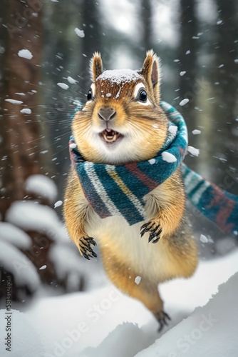 A Beautiful Cheerful Funny Encounter in a Winter Wonderland: A Chipmunk Animal in a Long Colorful Scarf Races in Beautifully Snowy Serene Glacial Pine Forest (generative AI)