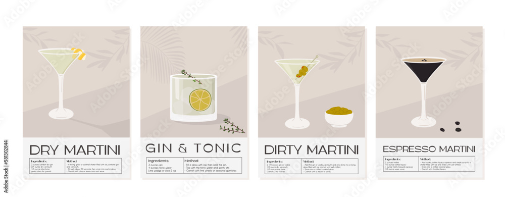 Set of summer aperitif recipe retro pastel posters. Gin Tonic, Espresso, Dry and Dirty Martini in glass with ice and garnishes. Wall art print with classic alcoholic beverage. Vector flat illustration - obrazy, fototapety, plakaty 