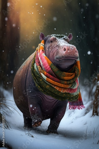 A Beautiful Cheerful Funny Encounter in a Winter Wonderland: A Hippopotamus Animal in a Long Colorful Scarf Races in Beautifully Snowy Serene Glacial Pine Forest (generative AI) © Christine