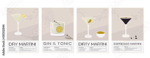 Set of summer aperitif recipe retro pastel posters. Gin Tonic, Espresso, Dry and Dirty Martini in glass with ice and garnishes. Wall art print with classic alcoholic beverage. Vector flat illustration