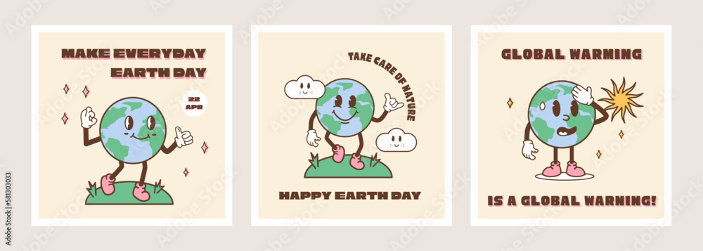 Set for Happy Earth Day Card. Vintage nostalgia cartoon earth planet character mascot with environment friendly slogan. Recycle concept social media ig post or square banner. Retro vector illustration