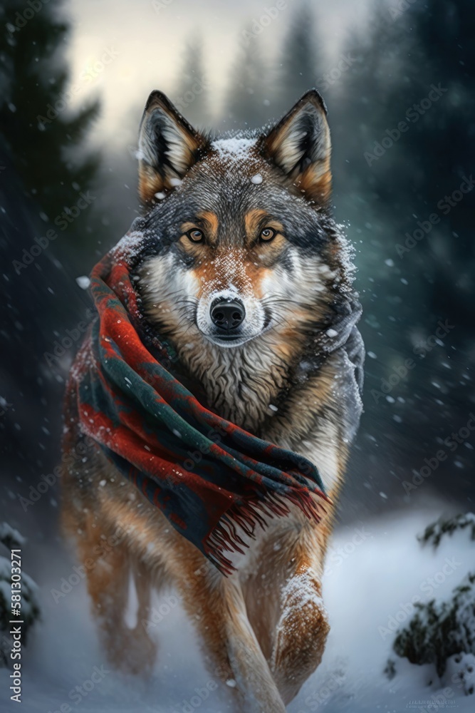 A Beautiful Cheerful Funny Encounter in a Winter Wonderland: A Wolf Animal in a Long Colorful Scarf Races in Beautifully Snowy Serene Glacial Pine Forest (generative AI)