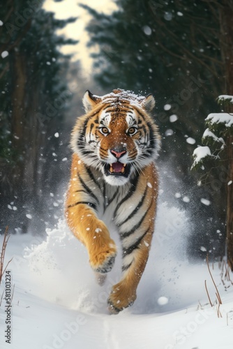 A Beautiful Cheerful Funny Encounter in a Winter Wonderland: A Tiger Animal in a Long Colorful Scarf Races in Beautifully Snowy Serene Glacial Pine Forest (generative AI)