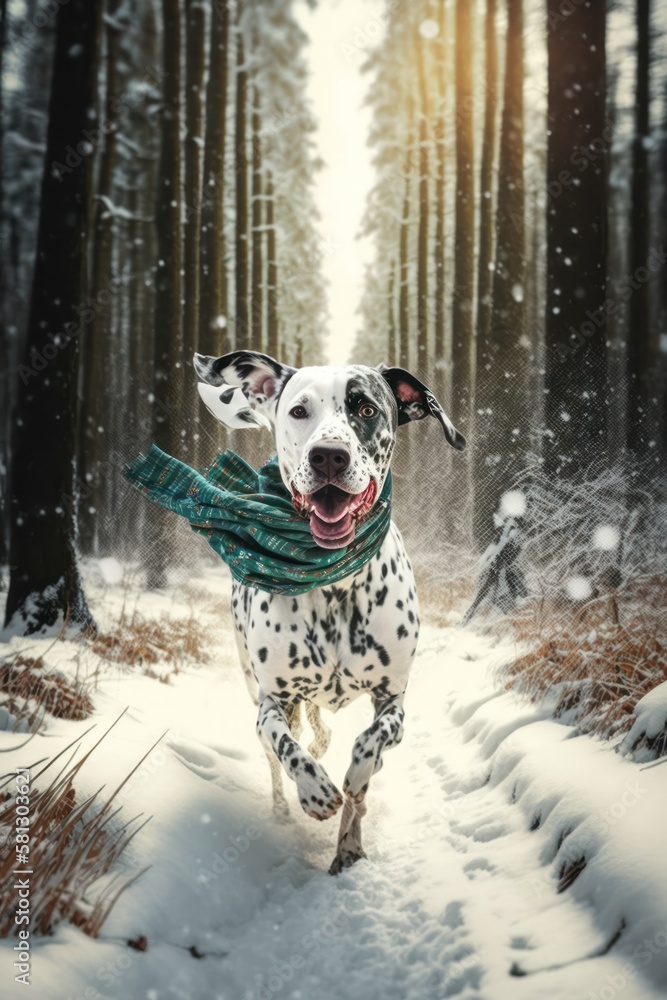 A Beautiful Cheerful Funny Encounter in a Winter Wonderland: A Dalmatian dog Animal in a Long Colorful Scarf Races in Beautifully Snowy Serene Glacial Pine Forest (generative AI) A Beautiful Cheerful Funny Encounter in a Winter Wonderland: A Dalmatian dog Animal in a Long Colorful Scarf Races in Beautifully Snowy Serene Glacial Pine Forest (generative AI)