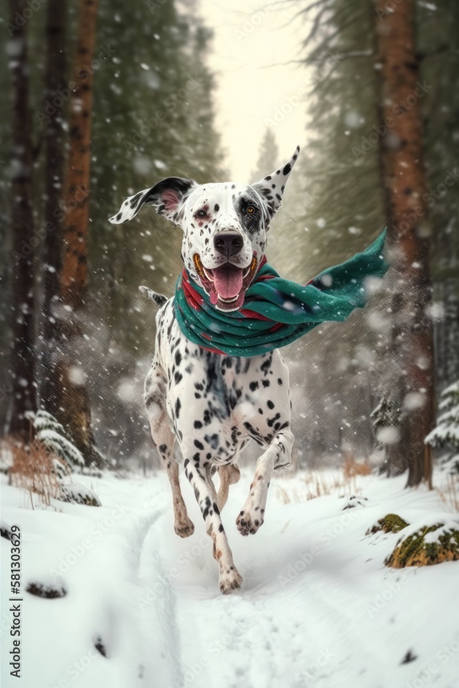 A Beautiful Cheerful Funny Encounter in a Winter Wonderland: A Dalmatian dog Animal in a Long Colorful Scarf Races in Beautifully Snowy Serene Glacial Pine Forest (generative AI) A Beautiful Cheerful Funny Encounter in a Winter Wonderland: A Dalmatian dog Animal in a Long Colorful Scarf Races in Beautifully Snowy Serene Glacial Pine Forest (generative AI)