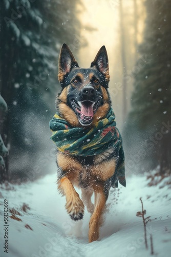 A Beautiful Cheerful Funny Encounter in a Winter Wonderland: A German Shepherd dog Animal in a Long Colorful Scarf Races in Beautifully Snowy Serene Glacial Pine Forest (generative AI)