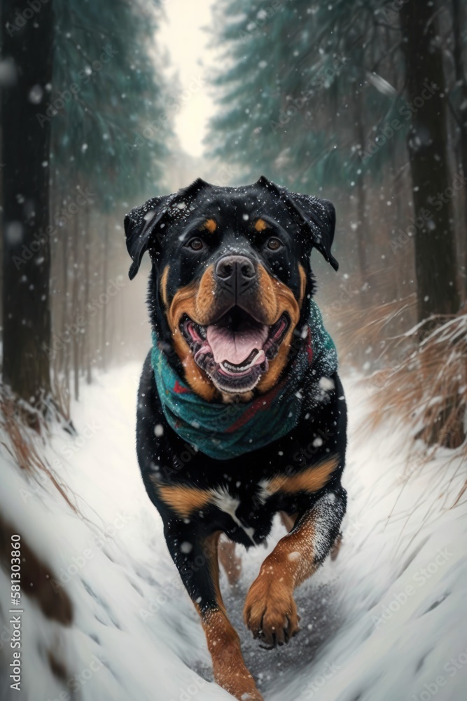 A Beautiful Cheerful Funny Encounter in a Winter Wonderland: A Rottweiler dog Animal in a Long Colorful Scarf Races in Beautifully Snowy Serene Glacial Pine Forest (generative AI) A Beautiful Cheerful Funny Encounter in a Winter Wonderland: A Rottweiler dog Animal in a Long Colorful Scarf Races in Beautifully Snowy Serene Glacial Pine Forest (generative AI)