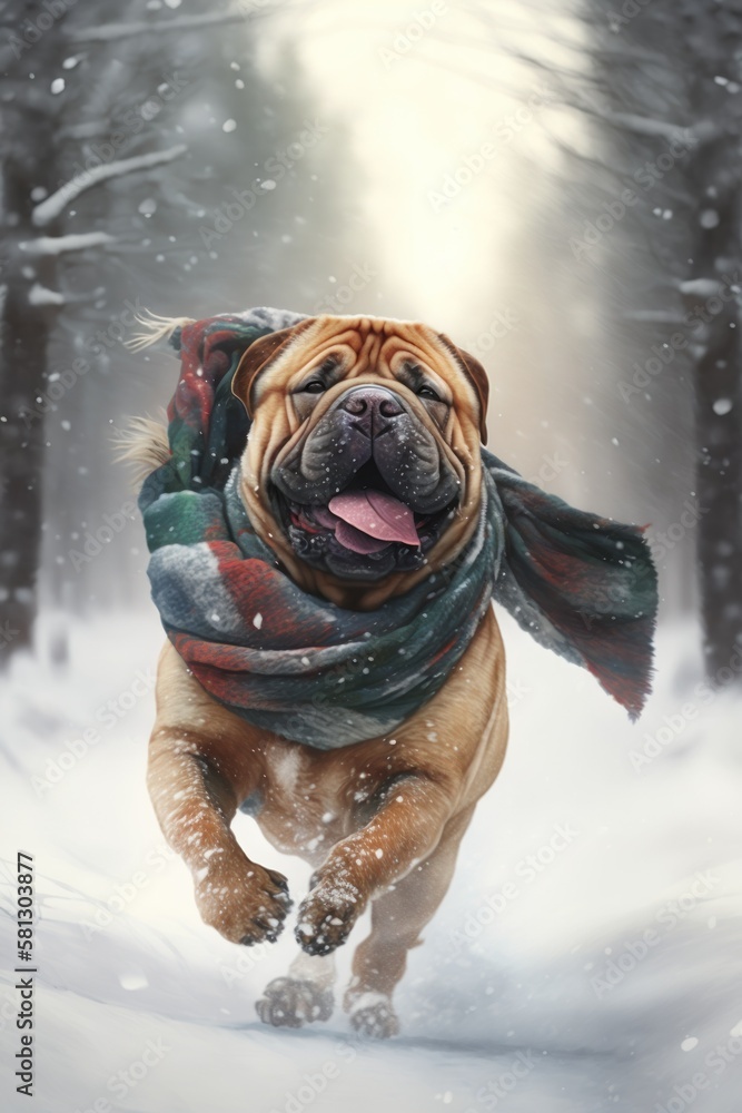 A Beautiful Cheerful Funny Encounter in a Winter Wonderland: A Shar Pei dog Animal in a Long Colorful Scarf Races in Beautifully Snowy Serene Glacial Pine Forest (generative AI) A Beautiful Cheerful Funny Encounter in a Winter Wonderland: A Shar Pei dog Animal in a Long Colorful Scarf Races in Beautifully Snowy Serene Glacial Pine Forest (generative AI)
