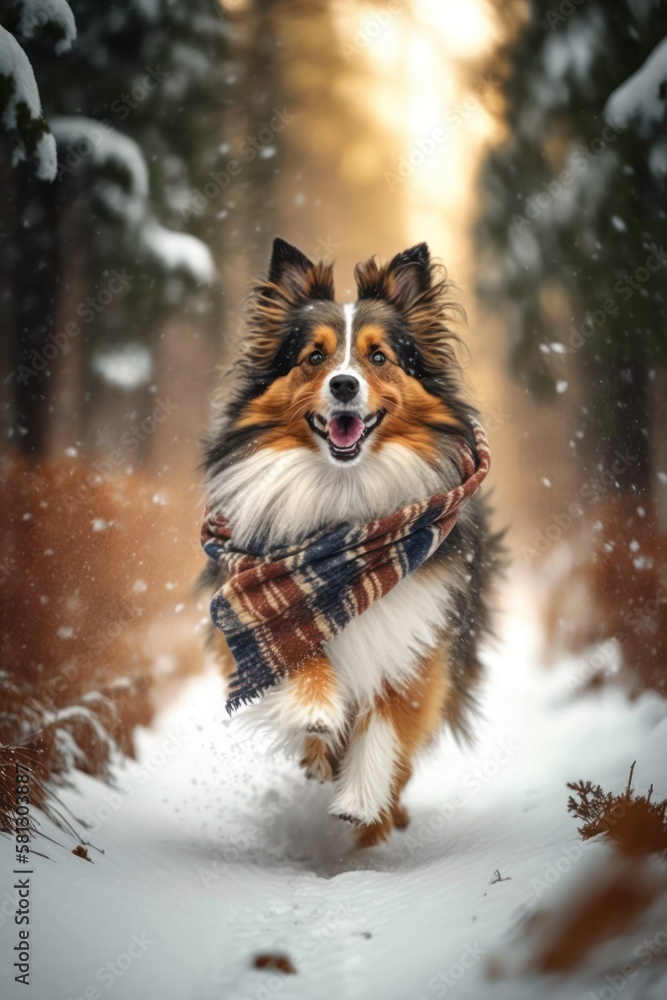 A Beautiful Cheerful Funny Encounter in a Winter Wonderland: A Shetland Sheepdog dog Animal in a Long Colorful Scarf Races in Beautifully Snowy Serene Glacial Pine Forest (generative AI) A Beautiful Cheerful Funny Encounter in a Winter Wonderland: A Shetland Sheepdog dog Animal in a Long Colorful Scarf Races in Beautifully Snowy Serene Glacial Pine Forest (generative AI)