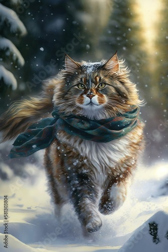 A Beautiful Cheerful Funny Encounter in a Winter Wonderland: A Norwegian Forest Cat cat Animal in a Long Colorful Scarf Races in Beautifully Snowy Serene Glacial Pine Forest (generative AI)