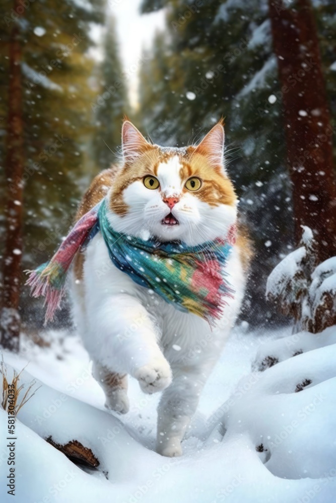 A Beautiful Cheerful Funny Encounter in a Winter Wonderland: A Turkish Van cat Animal in a Long Colorful Scarf Races in Beautifully Snowy Serene Glacial Pine Forest (generative AI) A Beautiful Cheerful Funny Encounter in a Winter Wonderland: A Turkish Van cat Animal in a Long Colorful Scarf Races in Beautifully Snowy Serene Glacial Pine Forest (generative AI)