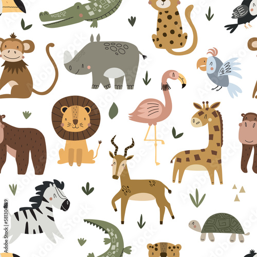 Seamless pattern with cute wild animals childish. Animals zoo with lion, zebra, crocodile, cat and giraffe. Suitable for design kid textile, wrapping paper, background. Kids animal characters. © Ольга Агуреева