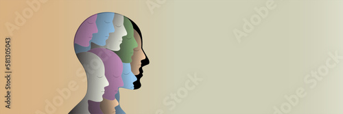 paper cut style Colored silhouette faces in head. Metaphor bipolar disorder, Parkinson, Double face, Split personality, Psychology, Dual personality Mental health concept. Copy space.