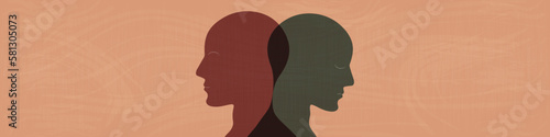 Split personality, psychosis, mental health concept with two crossed human head silhouette Vector illustration. Web banner, poster. 