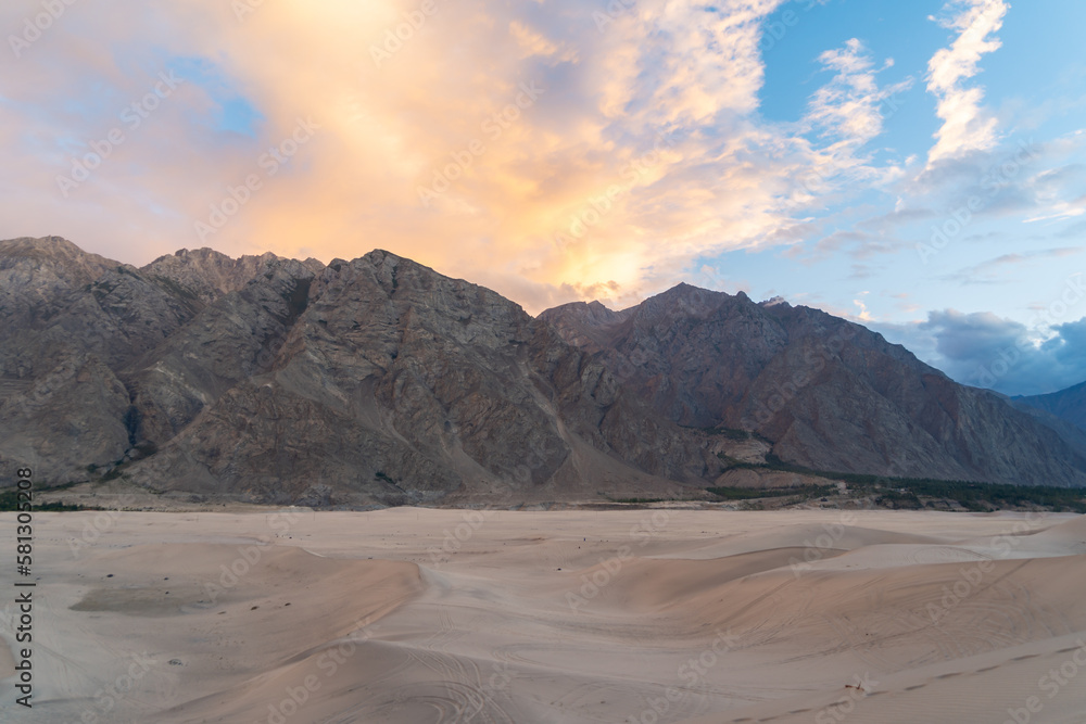Fototapeta premium Desert in Karakoram high mountain hills. Nature landscape background, Skardu, Gilgit, Pakistan. Travel on holiday vacation.