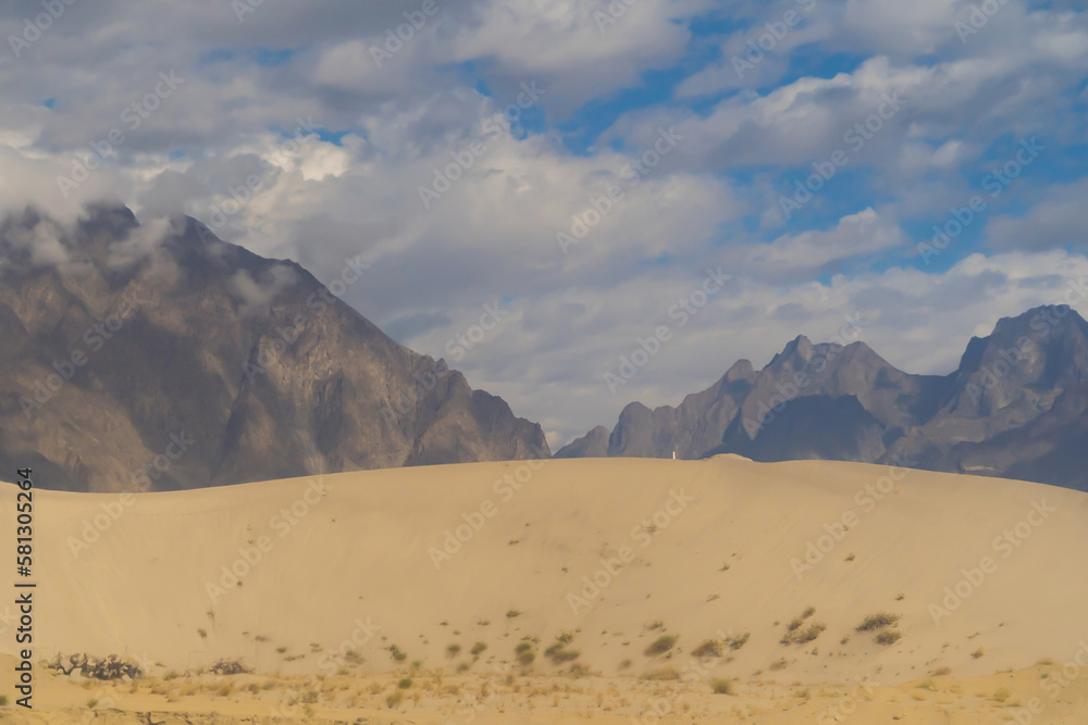 Desert in Karakoram high mountain hills. Nature landscape background, Skardu, Gilgit, Pakistan. Travel on holiday vacation.