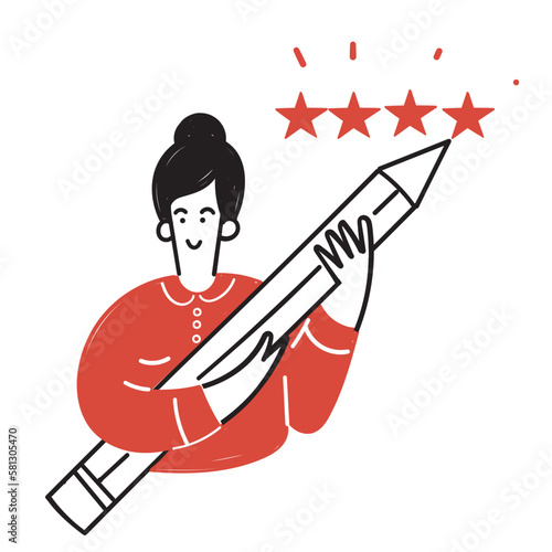 hand drawn doodle person write review feedback star with pencil illustration