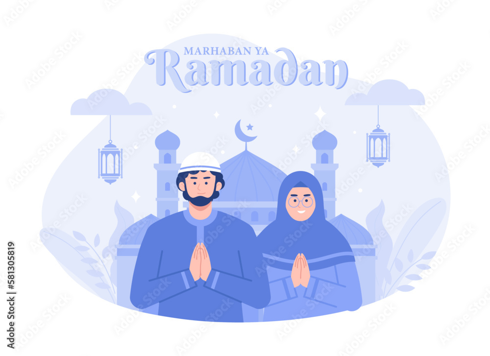 Greeting ramadan kareem, eid mubarak background. Modern vector flat illustration