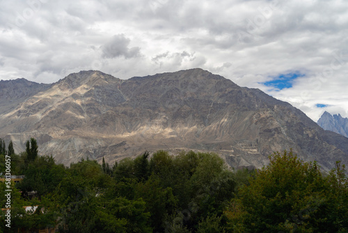 Karakoram high mountain hills. Nature landscape background, Skardu-Gilgit, Pakistan. Travel on holiday vacation.