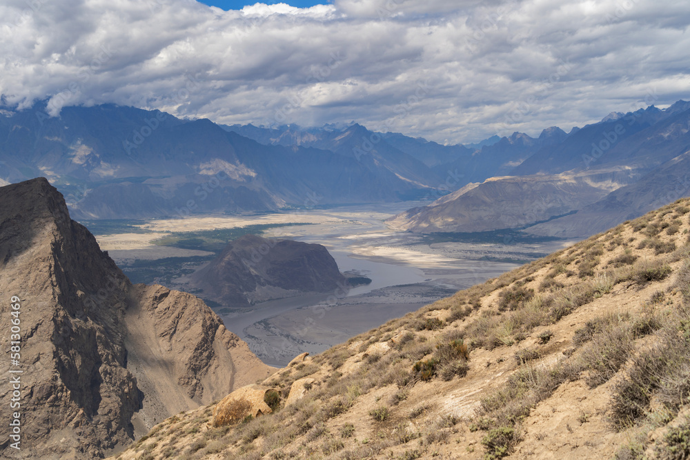 Karakoram high mountain hills. Nature landscape background, Skardu-Gilgit, Pakistan. Travel on holiday vacation.