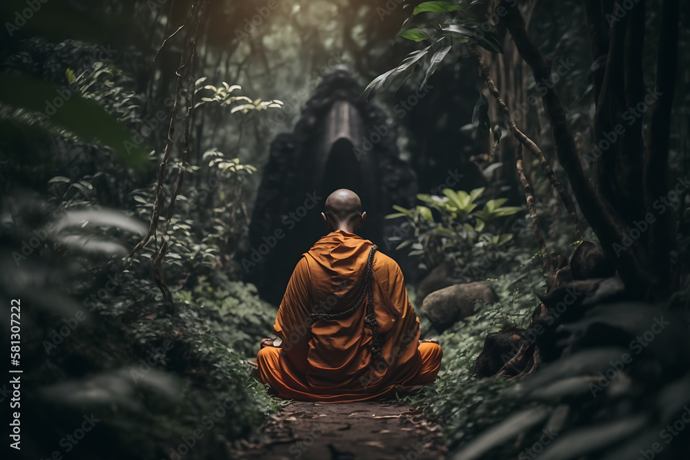 Generative ai illustration of Buddhist monk in meditation in jungle ...